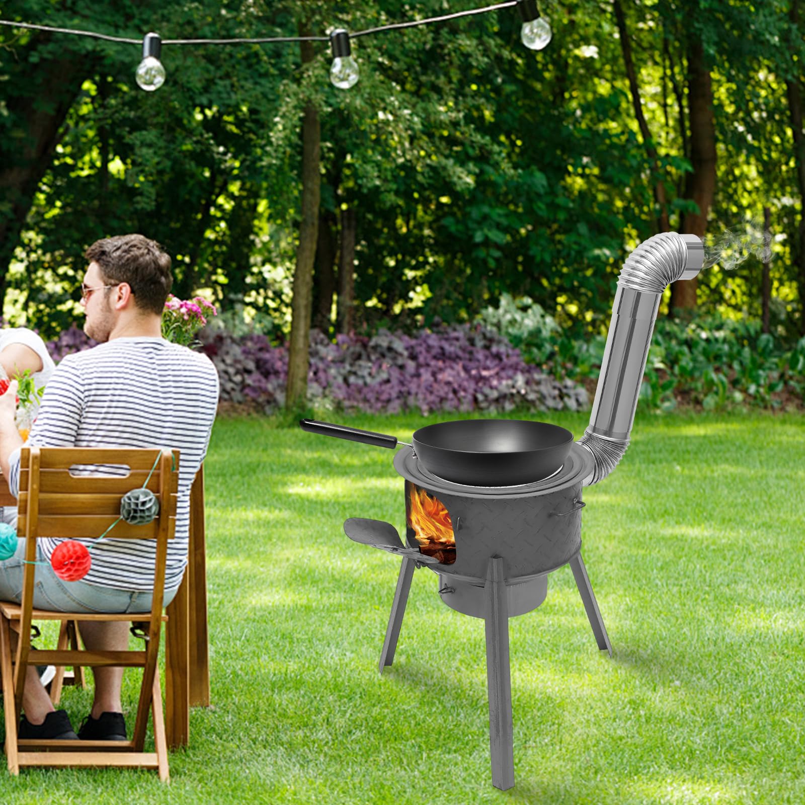 Estufa de leña portátil con 3/4 anillos de cocción y caja de cenizas. Patas desmontables. Estufa de chapa de acero resistente con ventilación y chimenea. Estufa de leña para camping, picnic y cocina