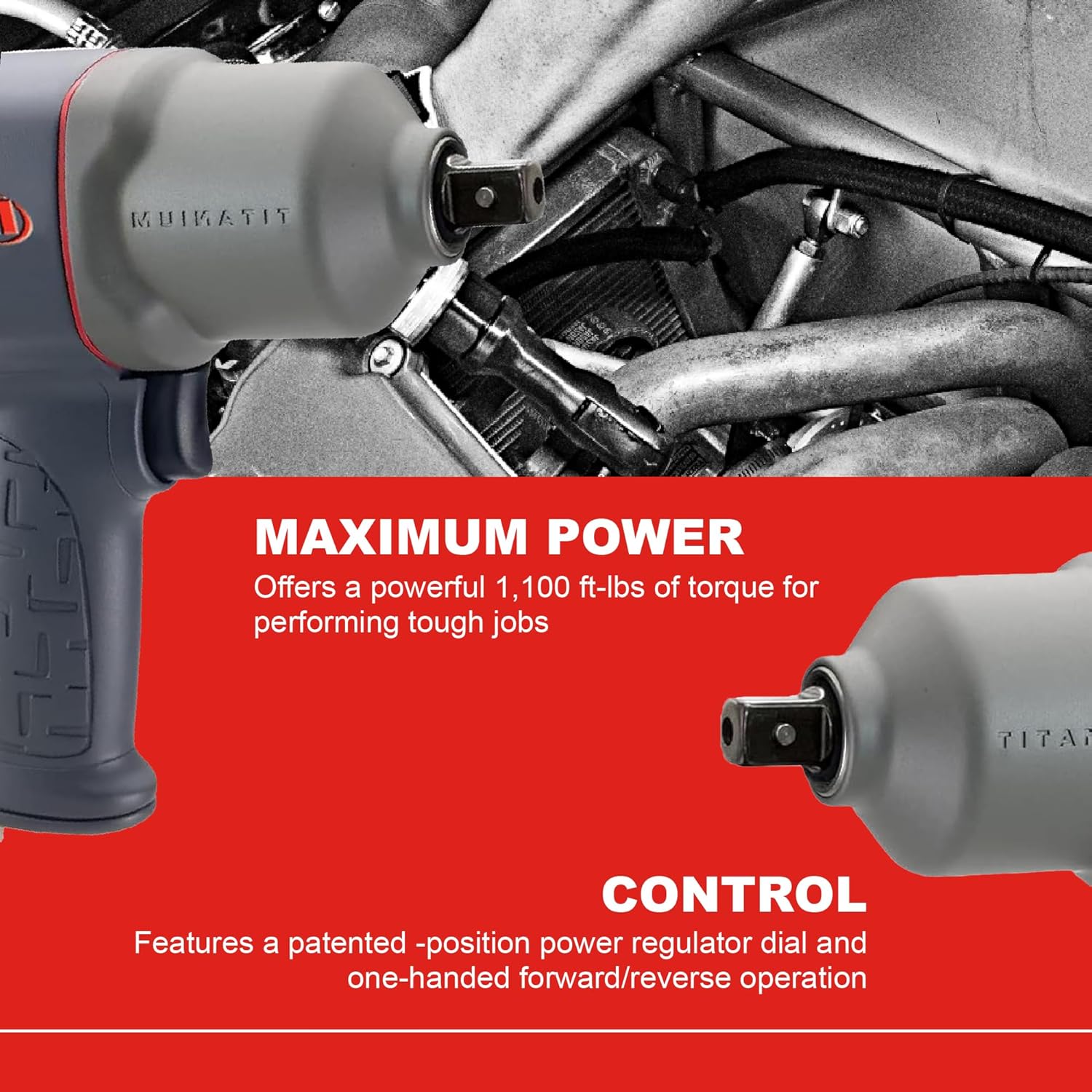 Ingersoll Rand 2135PTIMAX 1/2" Air Impact Wrench, 1100 ft-lb Torque, Titanium Hammercase, Pin Retainer, Pistol