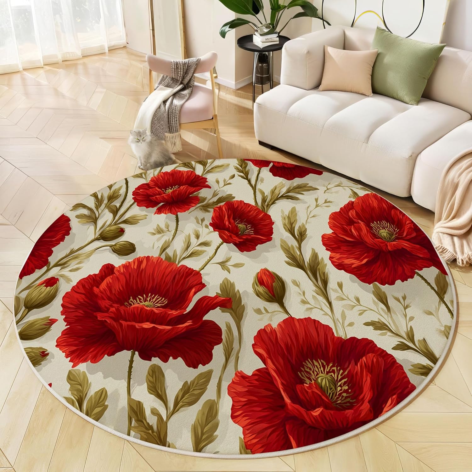 Poppy Fields Round Rug 3ft Short Pile Area Rug with Non-Slip Backing Country Style Super Soft Circle Rugs Machine Washable Floor Mat for Entryway Living Room Bedroom, Red