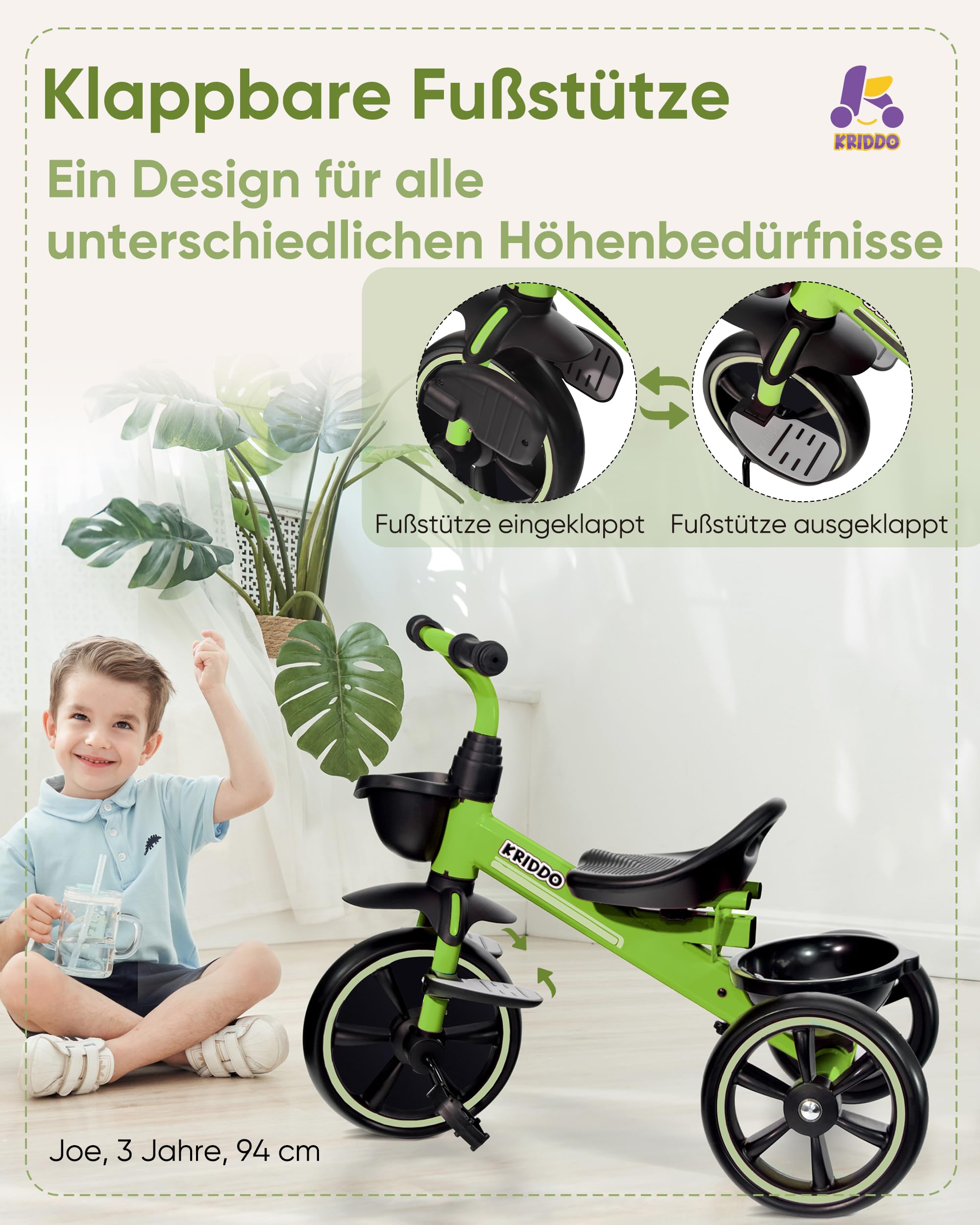 KRIDDO 2-in-1 Kinder Dreirad für 18 Monate bis 5 Jahre - mit verlängerter Schubstange für müheloses Schieben, Kinder 3-5 Jahre, Dreirad mit klappbarer Fußstütze vorne, Grün