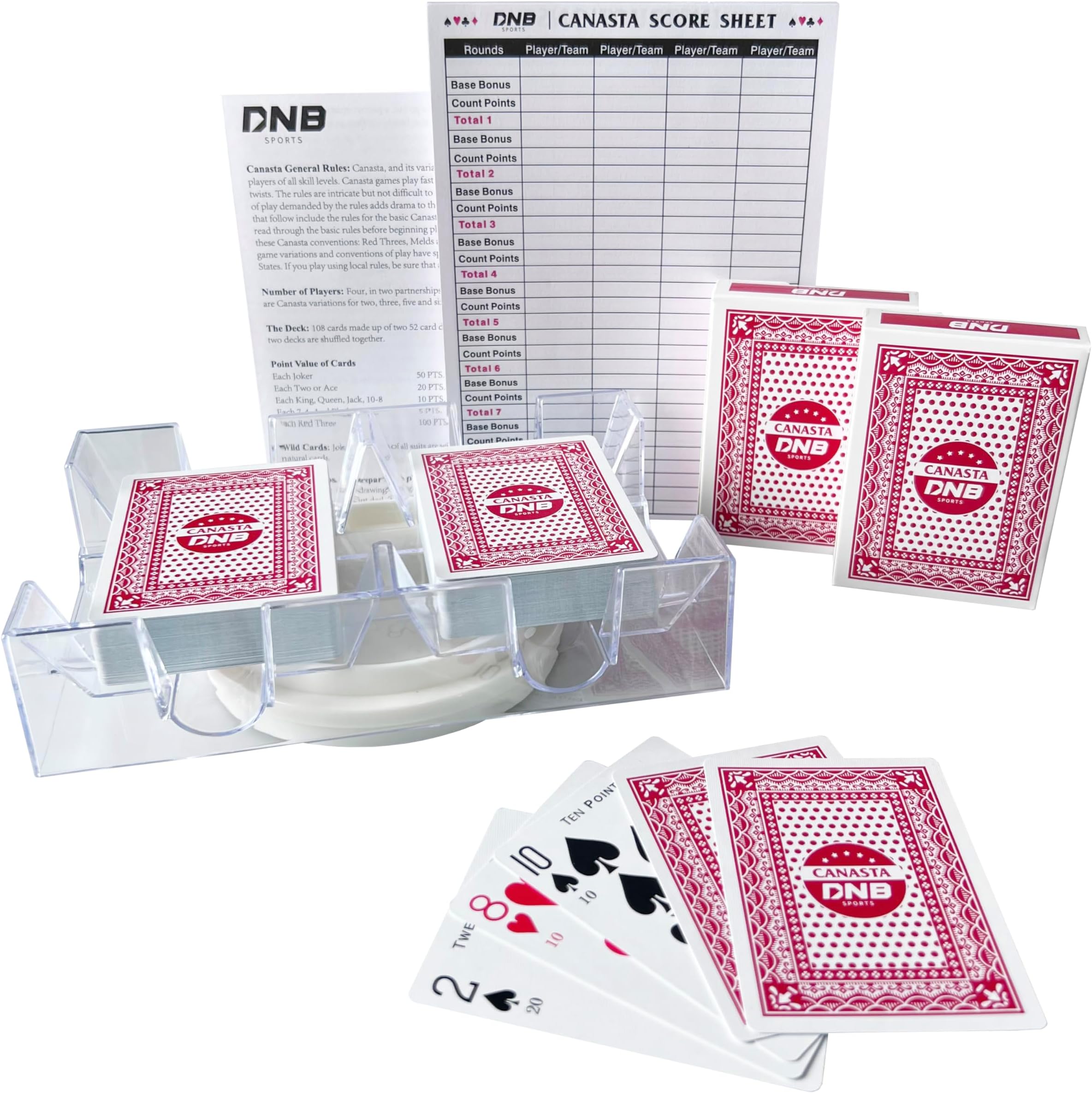 - DNB Canasta Card Game Set - Includes 2 Decks of Red Scored Playing Cards a Revolving Card Tray 50-Page Score Pad and Game Instructions