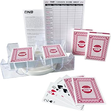 DNB Canasta Card Game Set - Includes 2 Decks of Red Scored Playing Cards a Revolving Card Tray 50-Page Score Pad and Game Instructions
