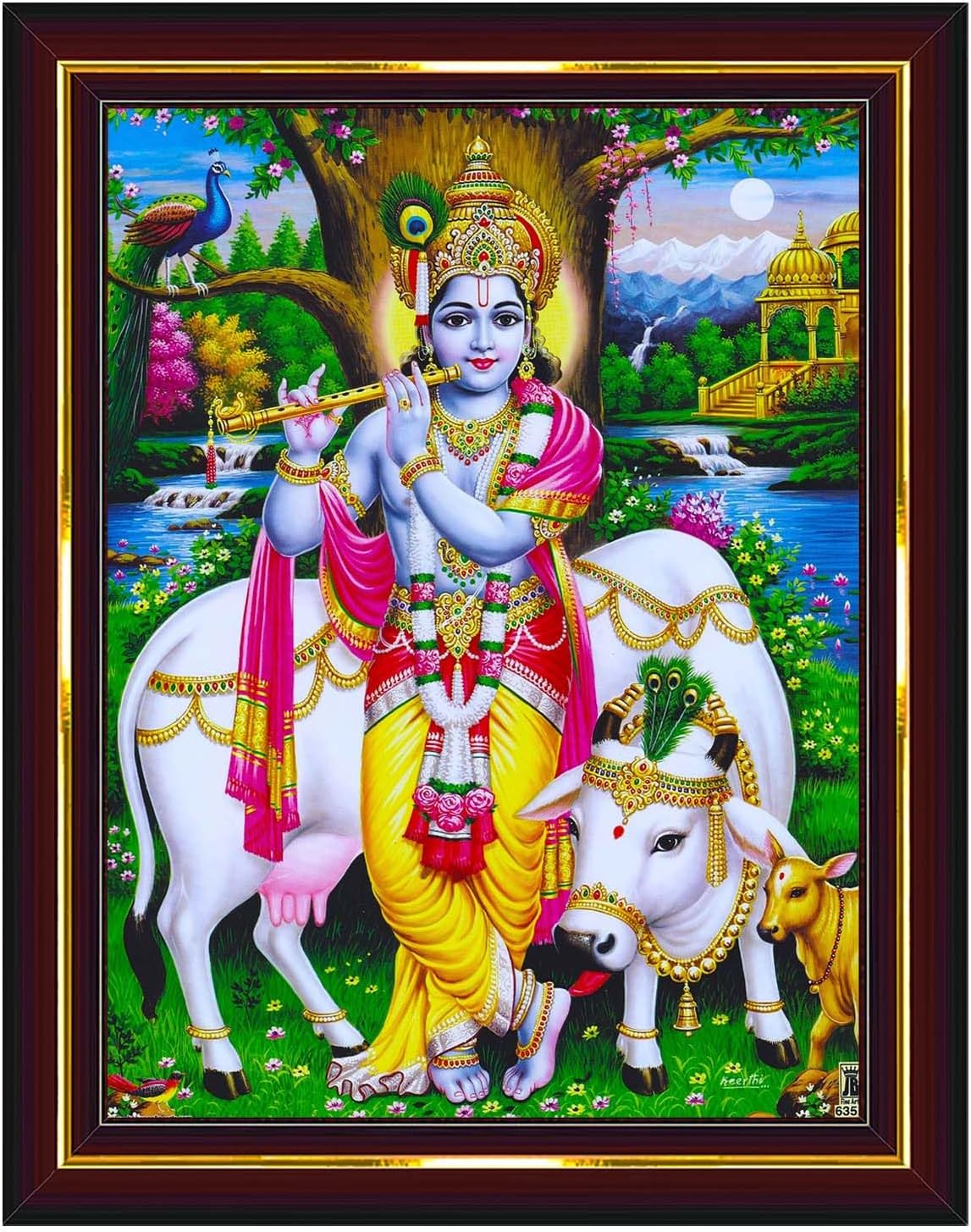 Pavan Photo Laminations Lord Gopala Krishna Murali Gopal Cow Calf Wall Painting Framed Home Decor (Wood,Acrylic,Brown,Small Size,6x8 Inch) B683S