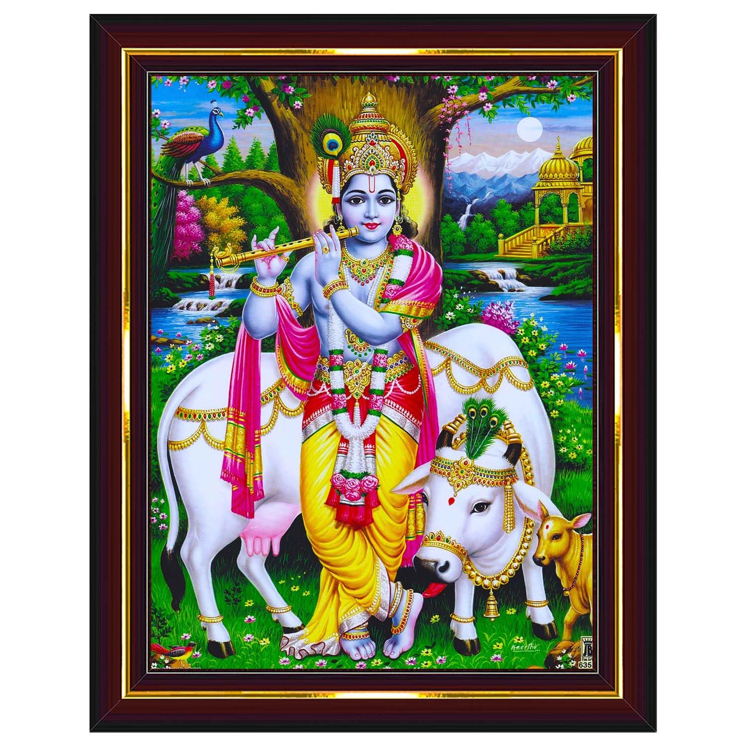 Pavan Photo Laminations Lord Gopala Krishna Murali Gopal Cow Calf Wall Painting Framed Home Decor (Wood,Acrylic,Brown,Small Size,6x8 Inch) B683S
