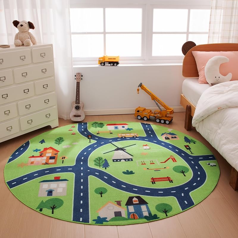 Kids Washable Round Area Rug, Circle Printed Carpet Play Mat for Living Room, Bedroom, Nursery, Classroom, 4' R, City Road Green