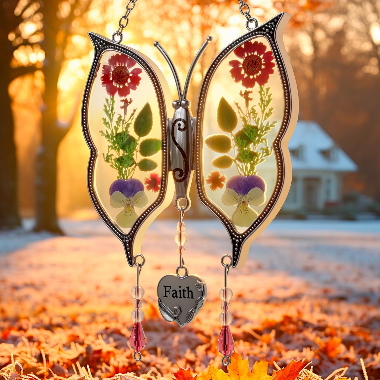 KY&BOSAM Butterfly Suncatchers for Windows Faith Stained Glass Wind Chime with Pressed Flowers & Heart Charm, Gifts for Mom/Grandma, Mother's Day Wedding Birthday Home Decor 8” Haning