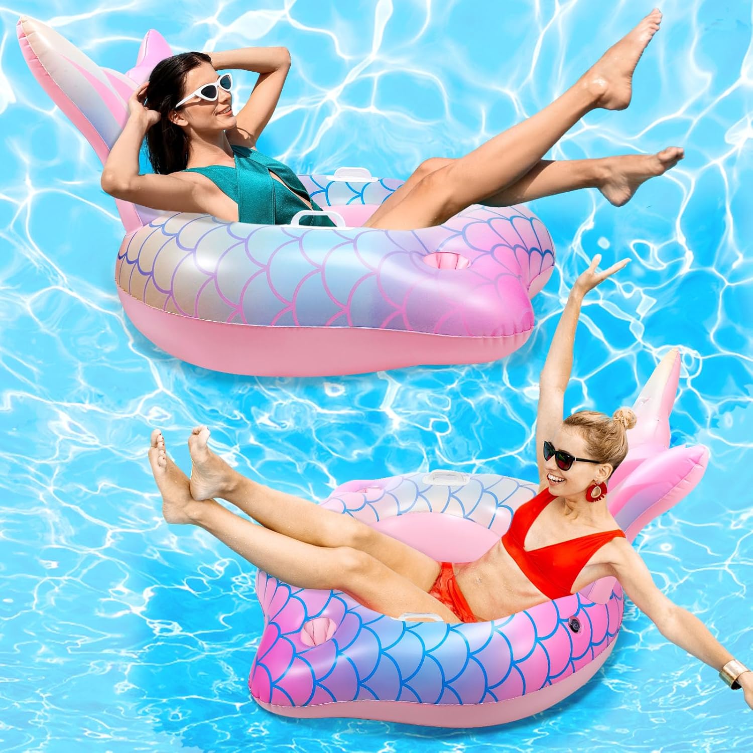 Mermaid Inflatable Pool Float Chair with 2 Cup Holders, Armrests, Pink Swimming Pool Party Lounge Raft Decorations Toys for Kids Adults, Swimming Pool Lounger Pool Floaties for Summer Beach Party