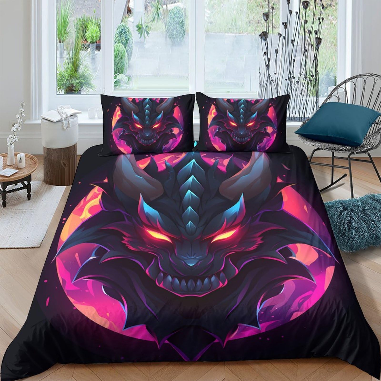 Ctjqhvkz Style-7 3D Printed Dark Dragon Fitted Sheet Microfiber Black Neon Fire Mattress Cover For Bedroom Dorm Decoration, Machine Washable Single（135X200cm）