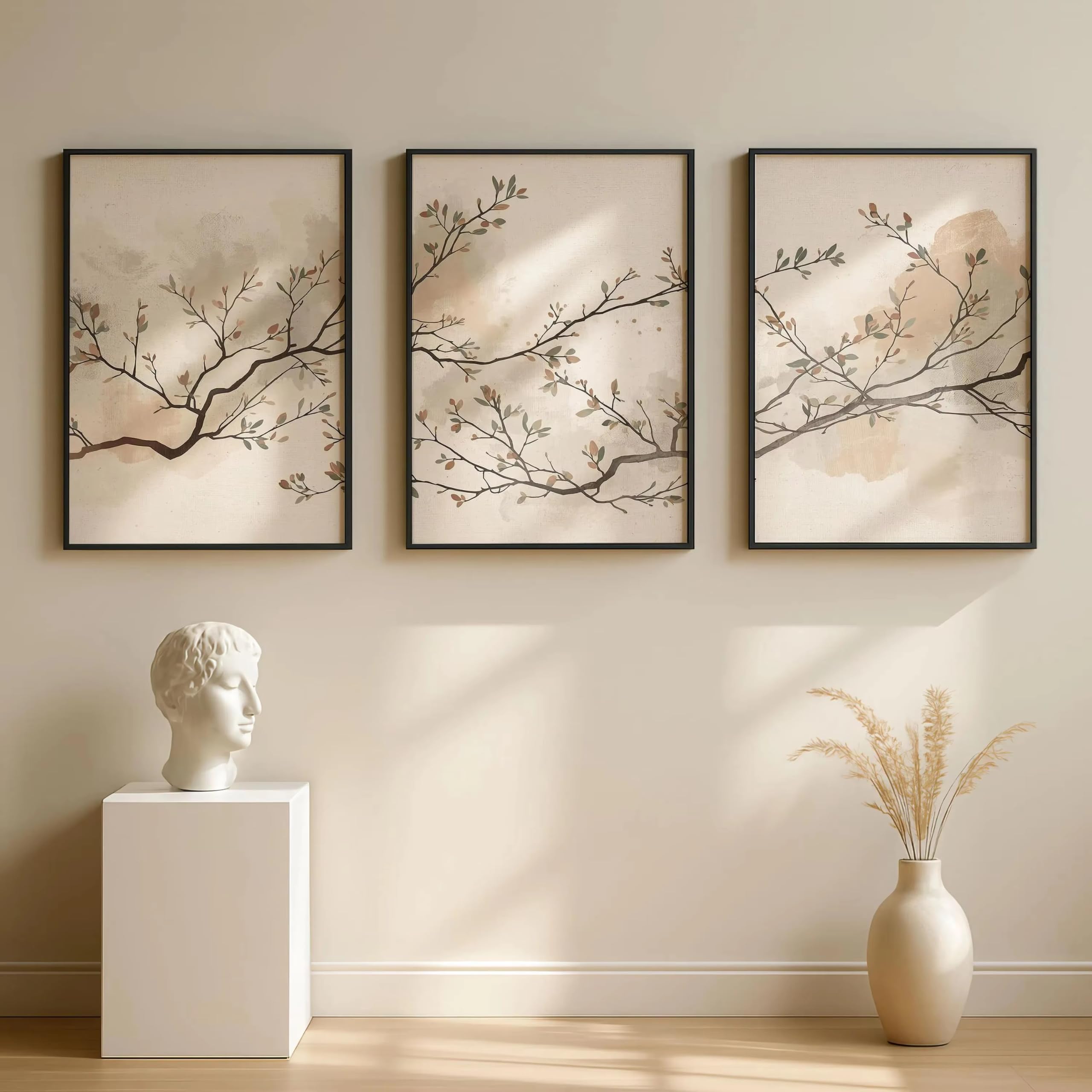 awtrhfc Neutral Botanical Wall Art, Triptych Wall Art,Minimalist Japanese Scandinavian Decor, Beige Taupe Olive Wall Art(80x110cm(31x43in) x3/No frame)