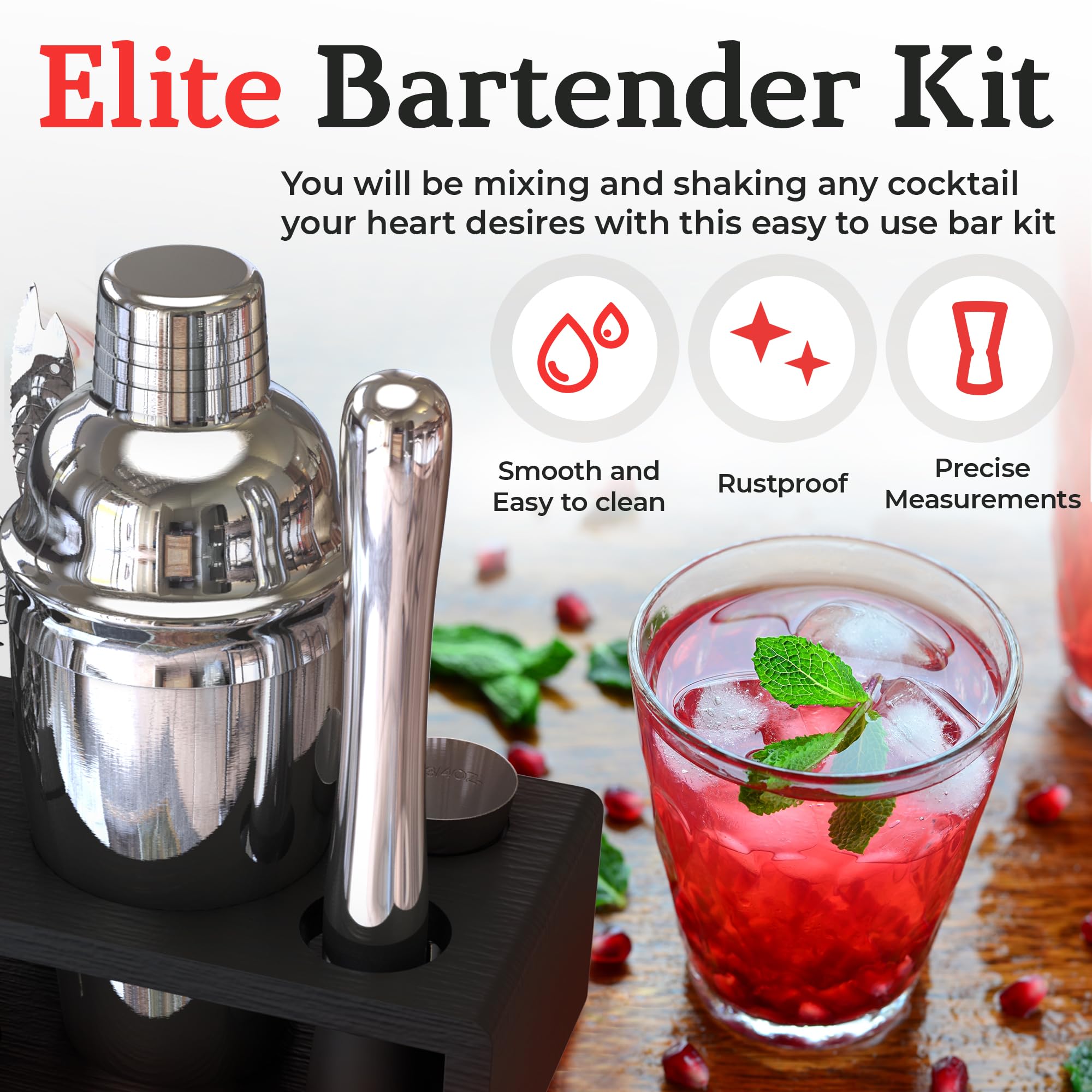 Highball & Chaser Kit Barman Elite Con Elegante Supporto In Bambù - Set Shaker Per Cocktail In Acciaio Inossidabile Con Strumenti Da Bar Antiruggine. Set Bar Perfetto Per Bar Da Casa (Argento)