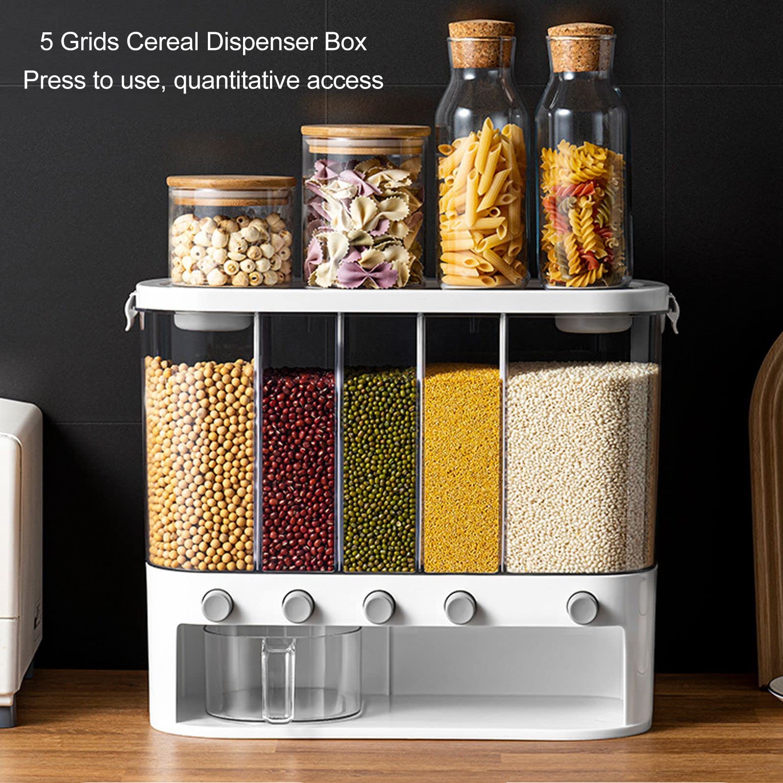 Scatola Dispenser per Cereali con Design a 5 Griglie per Conservare Facilmente i Cereali in e Dispensa, PET per Uso Alimentare, Contiene 10 Kg, 41 X 16 X 33,5 Cm