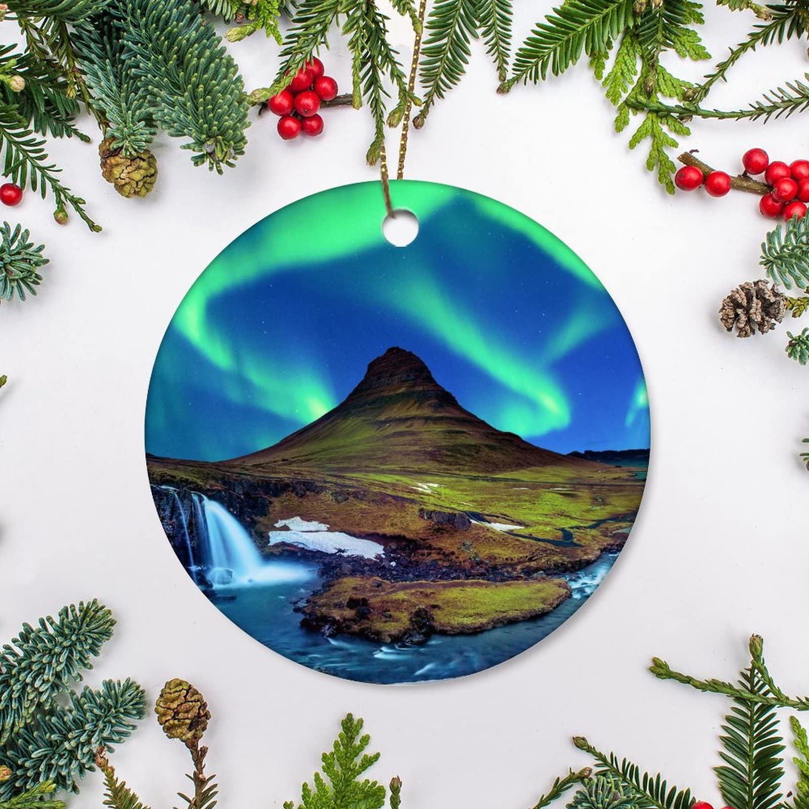 Xujianhuaxuyoubinbaihuodian Multicolored (Including Green) Christmas Tree Decoration 7.3Cm, Northern Light,Borealis At Kirkjufell In Iceland Ceramic Xmas Ornament Unique Christmas Baubles Double Sided Christmas Tree Decorations For Party Christmas