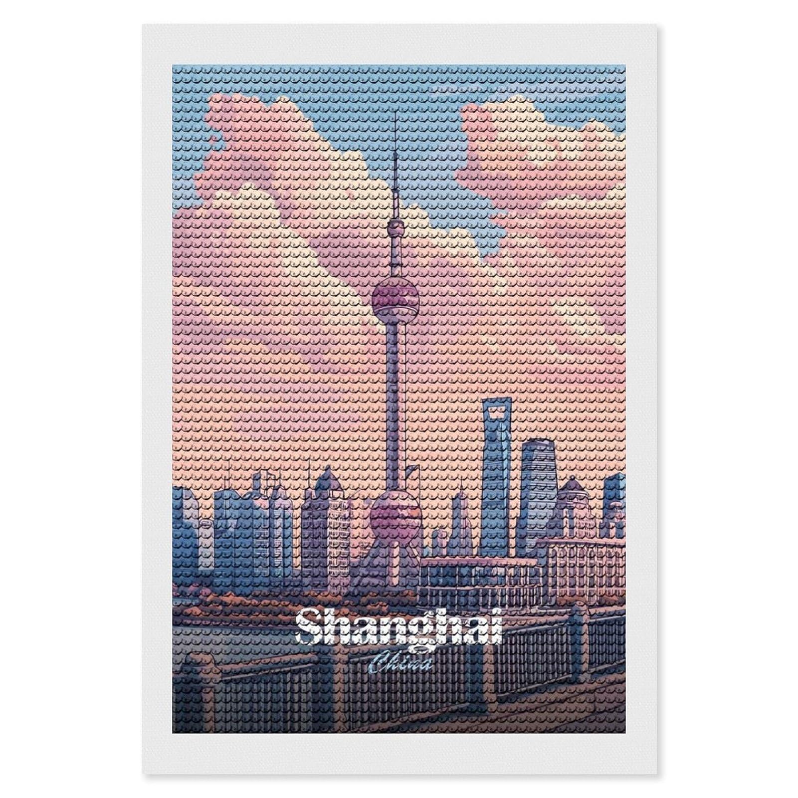 Junmoney Shanghai Skyline Illustration Diamond Art Kit 8"x12", Bedroom Decor, Adhesive Canvas, Full Kit Included, Thoughtful Present, Birthday Gift
