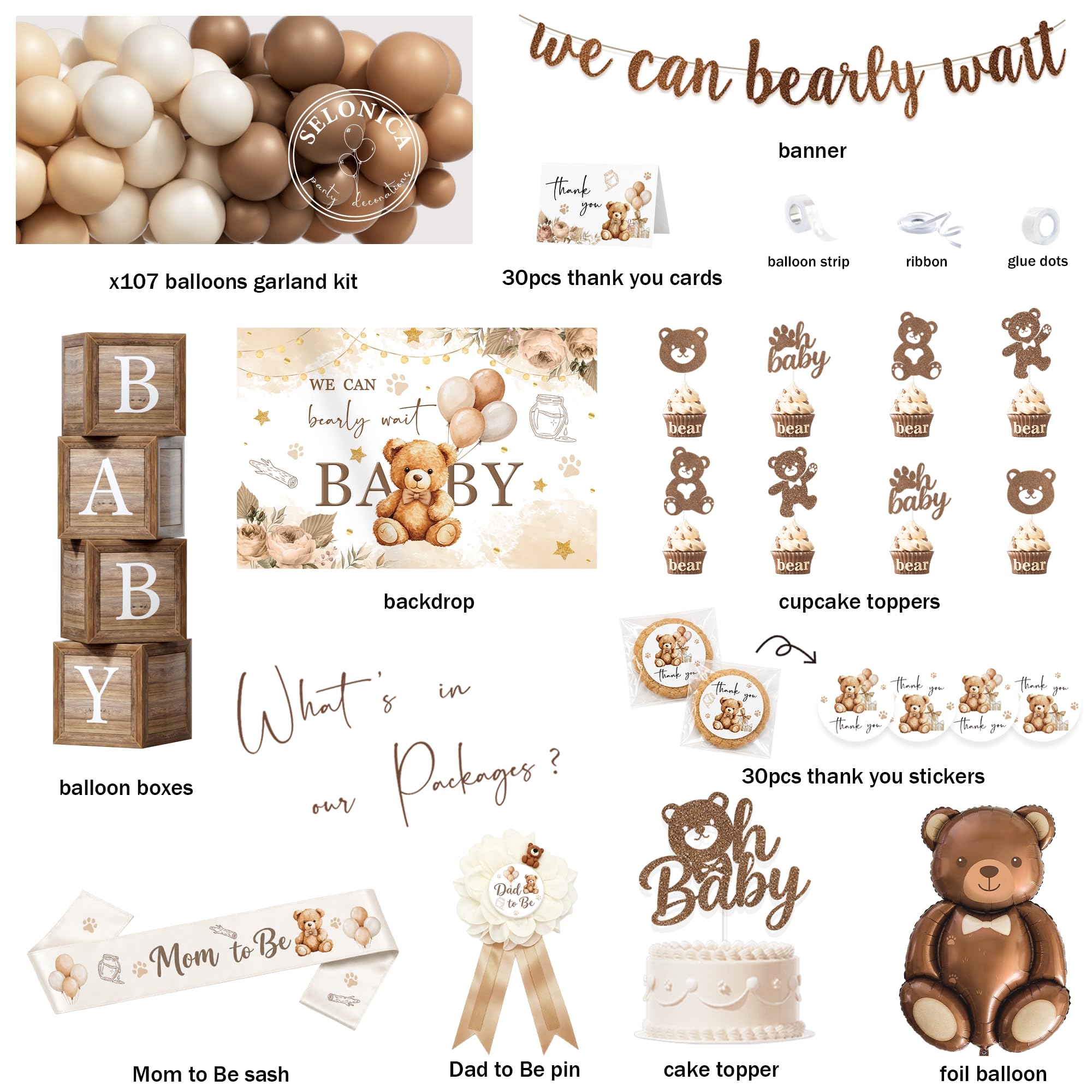 We Can Bearly Wait - Decoraciones de baby shower para niños, suministros de fiesta de oso para baby shower, telón de fondo We Can Bearly Wait, guirnalda de globos, pancarta para mamá y papá para ser