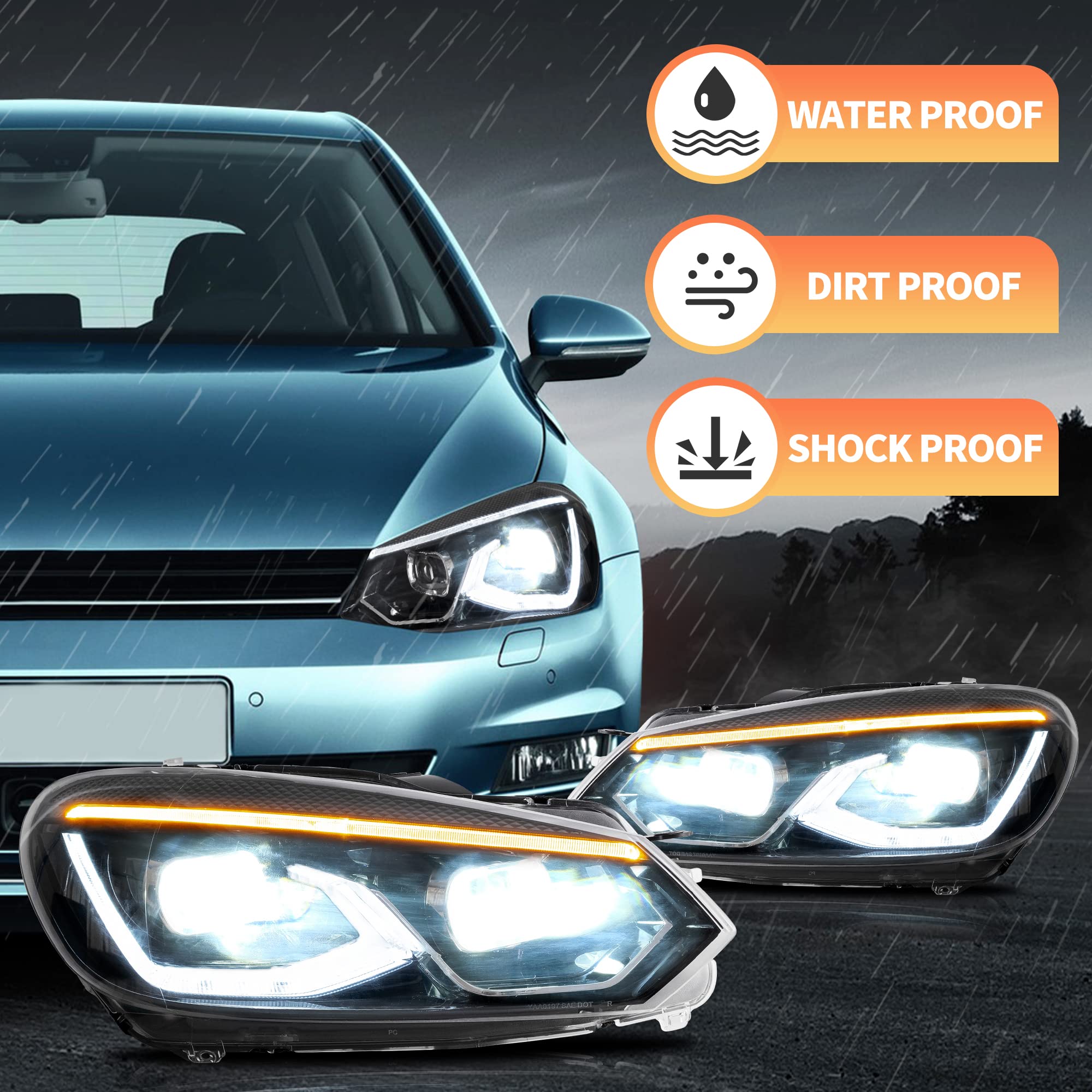 VLAND Fari LED di ricambio per Golf 6 MK6 TSI 2008-2013 (non adatto per GTI/R/TDI) Gruppo lampada anteriore, con indicatore sequenziale (stile b)
