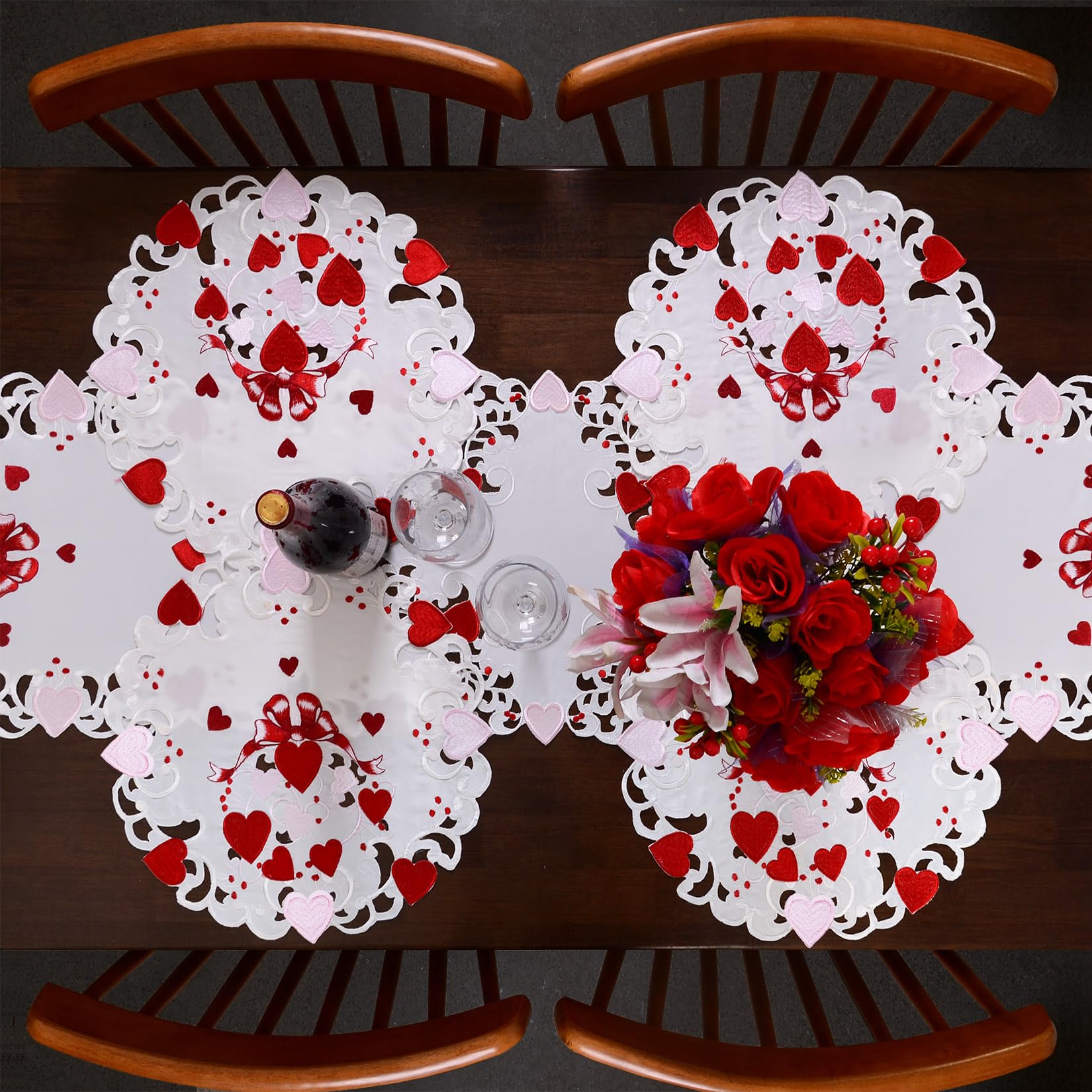 Grelucgo Camino de mesa decorativo bordado para el día de San Valentín con corazones, rosa y rojo (14 x 69 pulgadas)