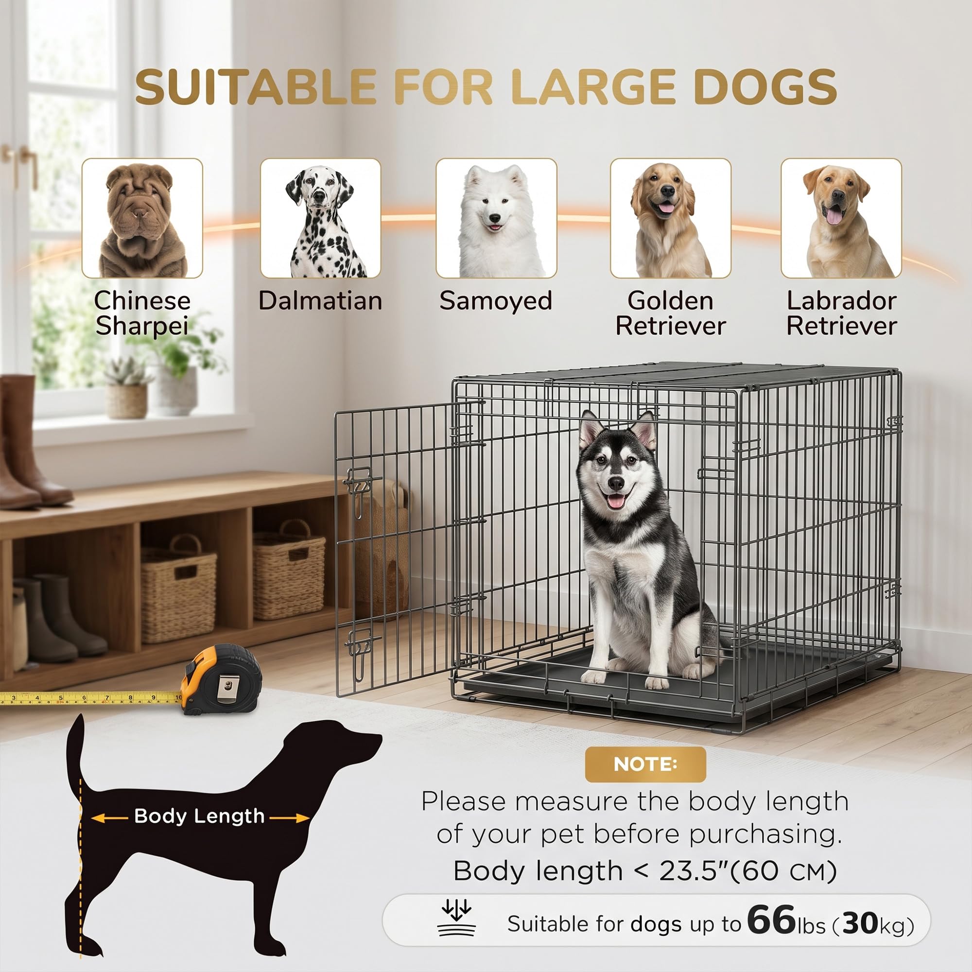 PawHut Hundekäfig Abschließbar XXL 98 cm für Große Hunde Weiß | Hundebox Schiebetüren, Moderne Metall Indoor Hundehütte, 98 x 58 x 61 cm