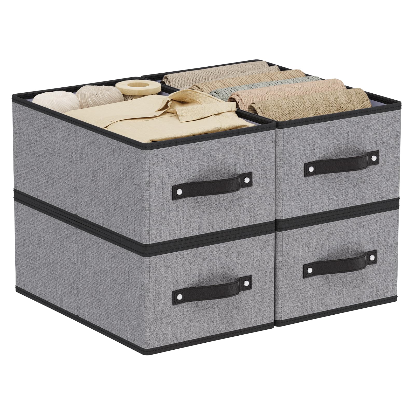 YheenLf Fabric Storage Boxes, 16.1 × 9.8 × 6.5 Inch Storage Baskets with Handles, Foldable Cube Organizer Bins,Gray, Large, 4-Pack