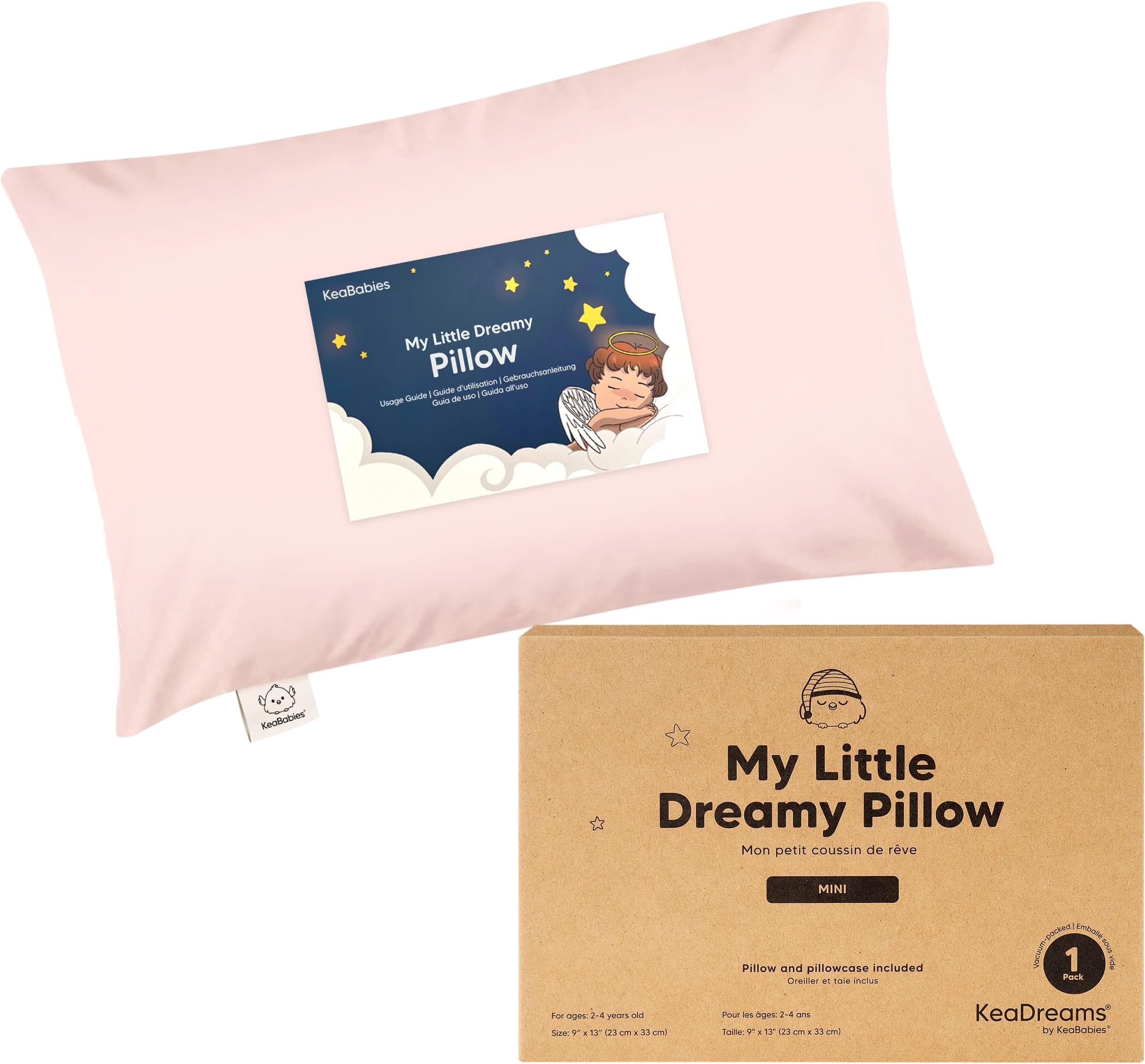 Mini Toddler Pillow with Pillowcase - 9x13 My Little Dreamy Travel Kids Pillow for Sleeping, Toddler Bed, Small, Tiny, Organic Cotton Pillowcase, Soft & Breathable, Kids 2-4 Years Old (Mist Pink)