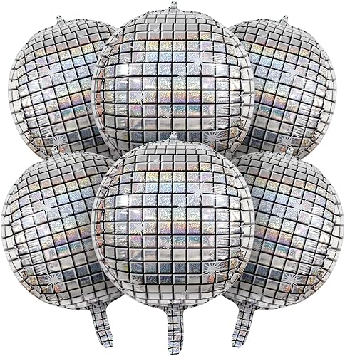 6 globos de bola de discoteca de 22 pulgadas, globos de aluminio de disco plateado de Mylar de 22 pulgadas, enormes globos redondos 4D de fiesta de