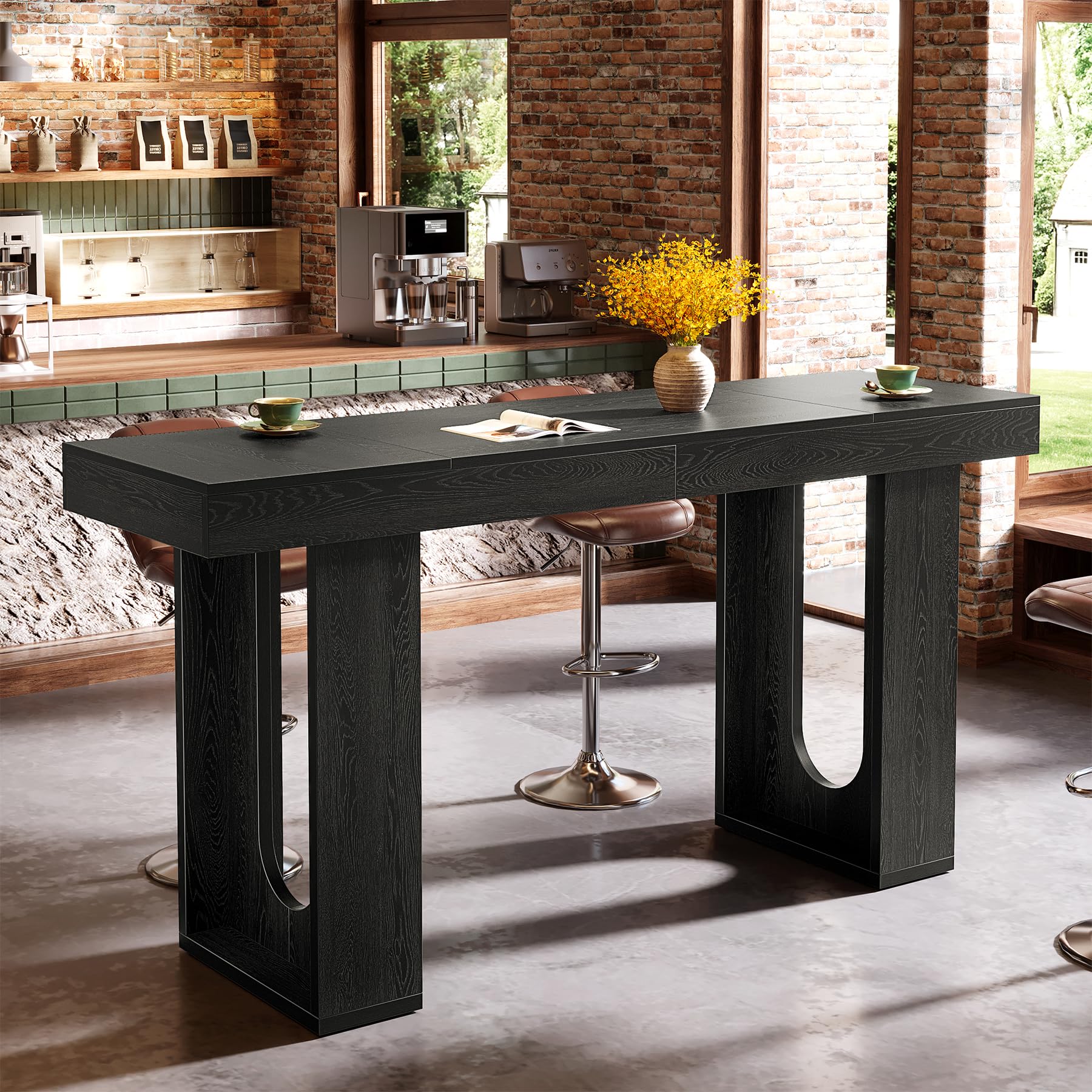 Tribesigns Table de bar longue de 180 cm, table debout moderne en hauteur de travail, comptoir de cuisine rectangulaire avec pieds stables, pour salon, cuisine, bistrot, noir