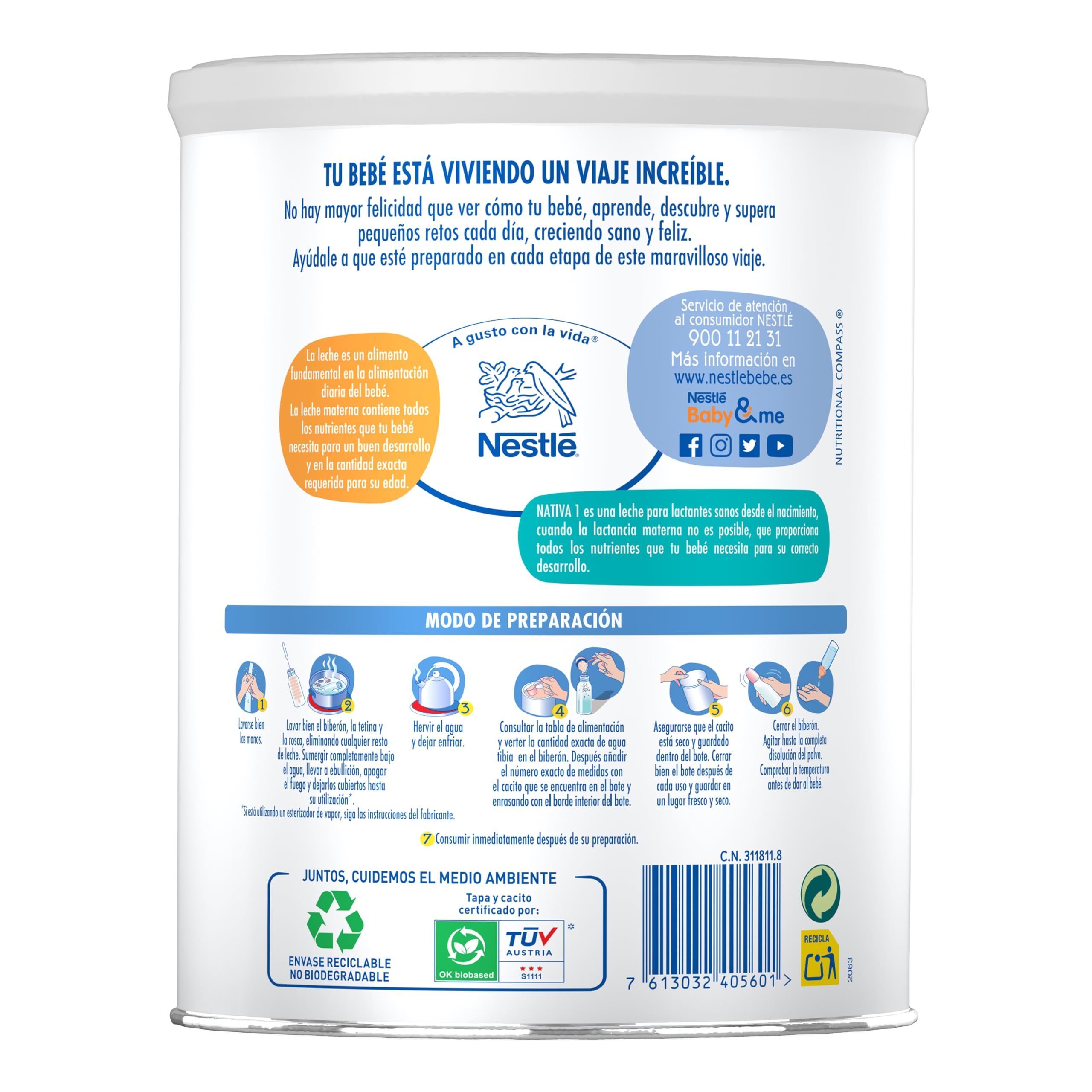 Nestlé NATIVA 1 Leche para bebés de 0 a 6 meses en polvo, fórmula para lactantes. Pack de 6 botes de 800g (4800g en total)