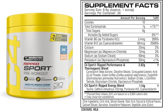 مسحوق Cellucor C4 Ripped Sport Pre Workout Powder Arctic Snow Cone - معتمد من NSF للرياضة + مكمل طاقة خالٍ من السكر قبل التمرين للرجال والنساء - 135 مجم كافيين + إنقاص الوزن - 30 وجبة