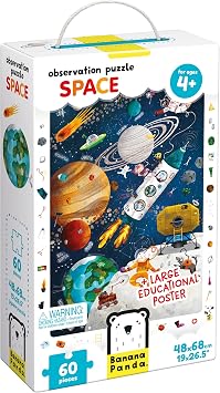 Banana Panda Observation Space Puzzle - Large 60-piece Floor Puzzle with Seek and Find Activity - includes Educational Poster with Facts about the Solar System, for kids ages 4 years and up , 26.5" x 19"