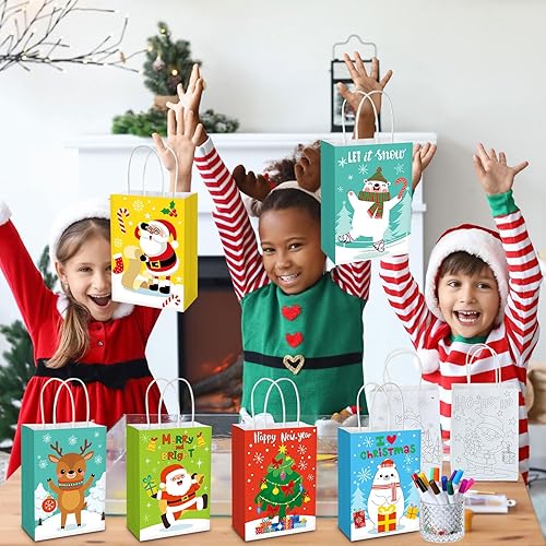 Miniatura 3 de Cholemy 72 bolsas de regalo de papel de Navidad para bricolaje, colorea tus propias bolsas de Navidad con asas para niños y 24 bolígrafos de