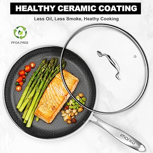 Miniatura 3 de imarku Sartenes antiadherentes, sartén de acero inoxidable de 12 pulgadas, sartén híbrida con tapa, sartén profunda y grande, apta para lavavajillas