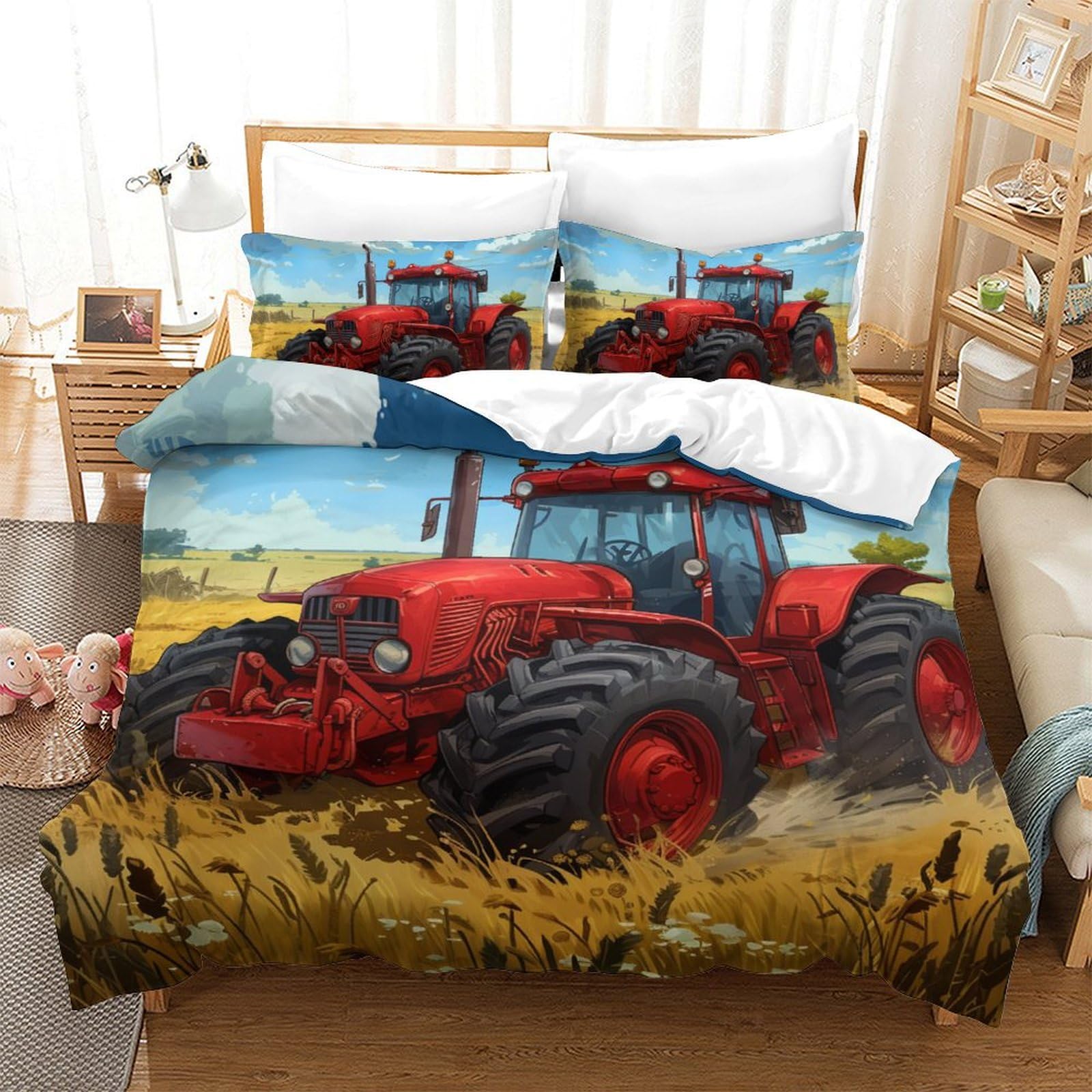 DCABEIOOE Tractor Duvet Cover Set Bedding Set 3D Microfiber Comforter Cover with Pillow Shams, 2 Piece Set, Zipper Quilt Cover Double（200x200cm）