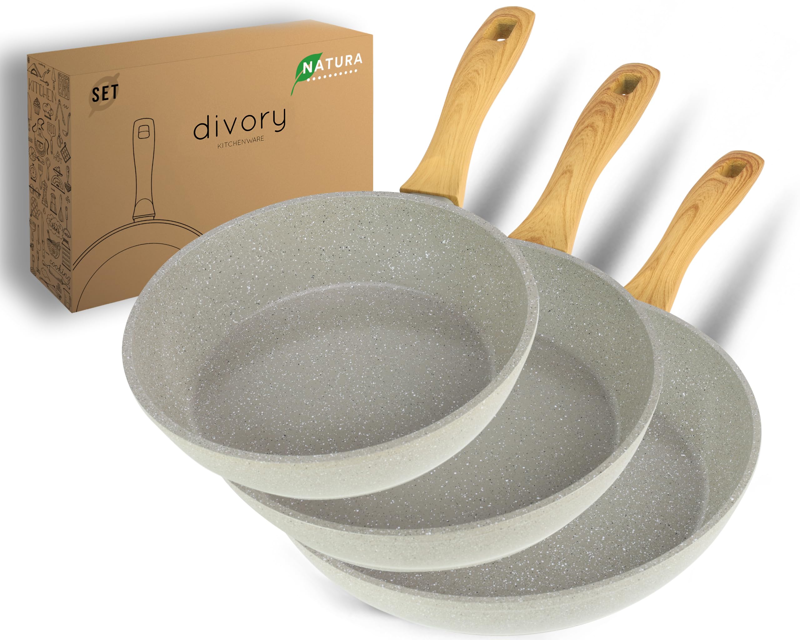 DIVORY Ceramic pan Set 20, 24, 28cm - Pans with Ceramic Coating Induction, PFAS & PTFE Free, Frying Pans, Coated, ovenproof & Dishwasher Safe (Natura, 20, 24, 28 cm)