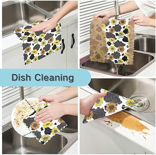 Miniatura 2 de Cow Print Sunflowers Set of 6 Quick Dry Microfiber Towels Kitchen Decor Quality Kitchen Accessories for Cooking Reusable for Bathroom Sink
