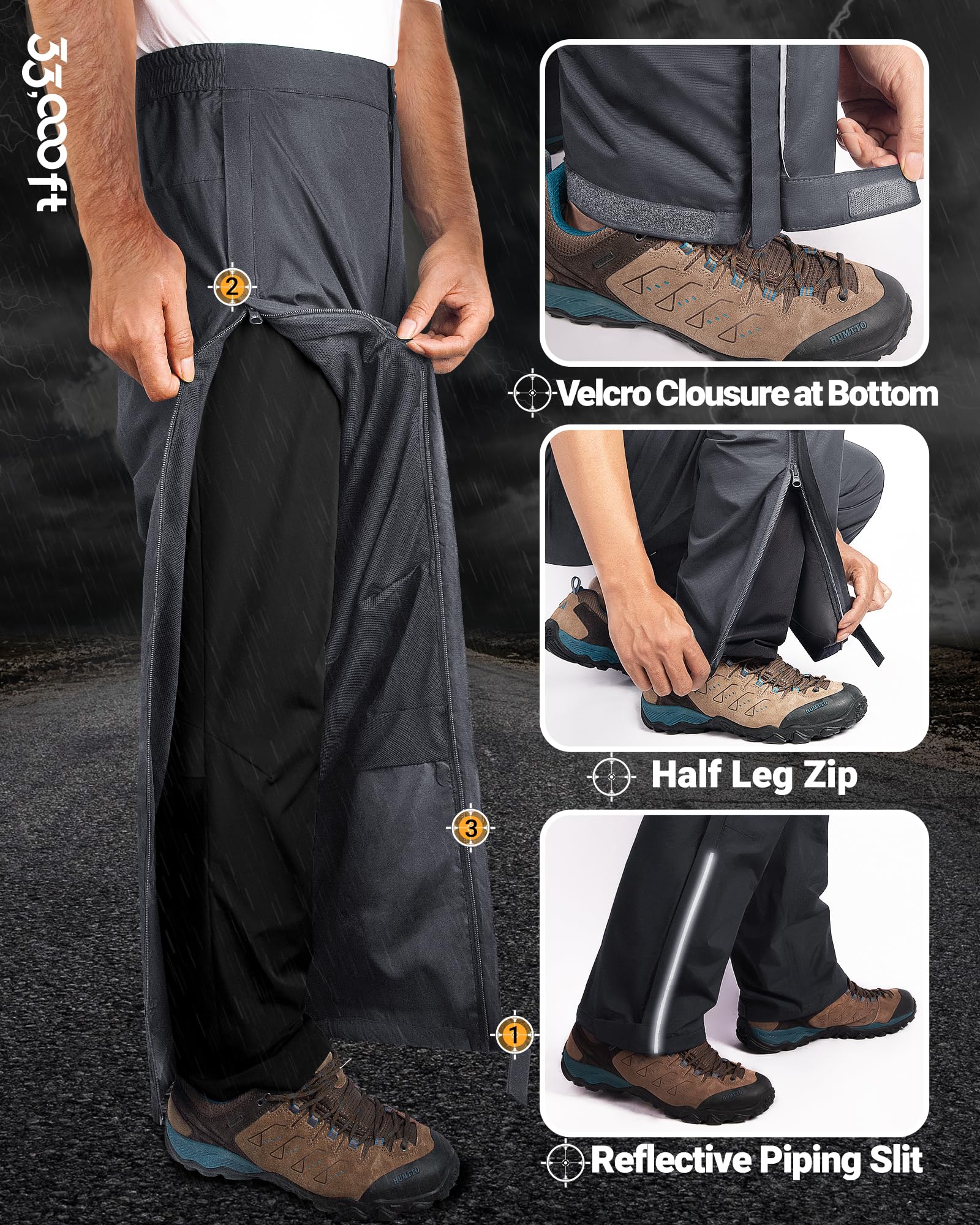 33,000ft Pantalones de lluvia para hombre, impermeables, con cremallera completa, transpirables, de 2 capas, para bicicleta, resistentes al viento, pantalones funcionales con bolsillos