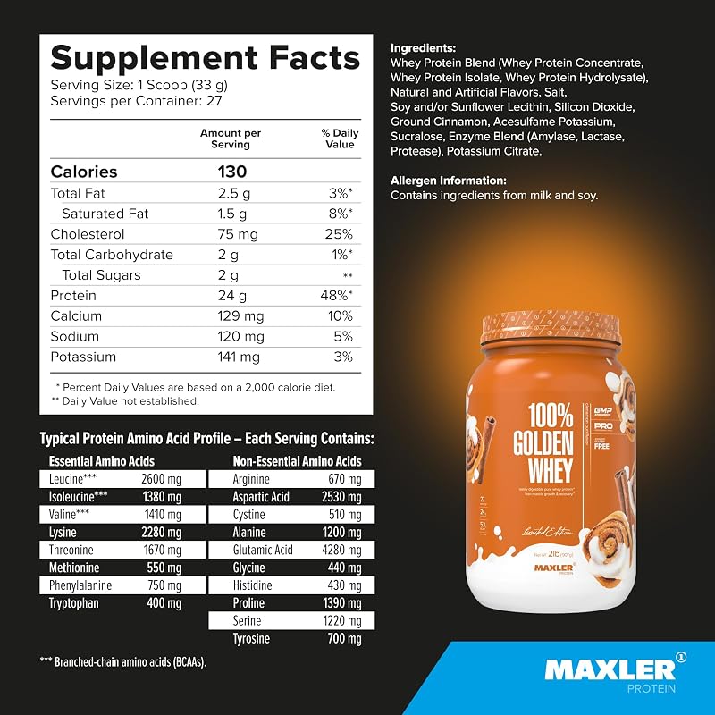 Maxler 100% Golden Whey Protein - 24g of Protein per Serving - Whey Protein Powder for Pre Post Workout - Fast-Absorbing Whey Concentrate, Isolate & Hydrolysate Blend - Cinnamon Bun 2 lb image 5