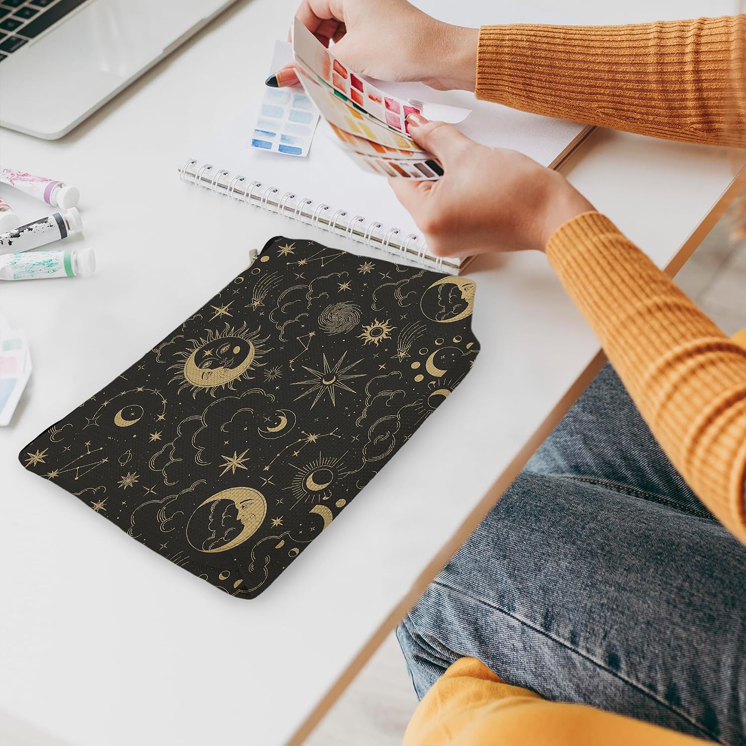 huester Black Golden Sun and Moon Star Witchy Makeup Bag, Moon Make Up Bag, Tarot Cosmetics Bag, Cosmetic Bags Travel Makeup Pouch Astrology Witchy Gifts for Purse Women Girls Sister Mom image 5