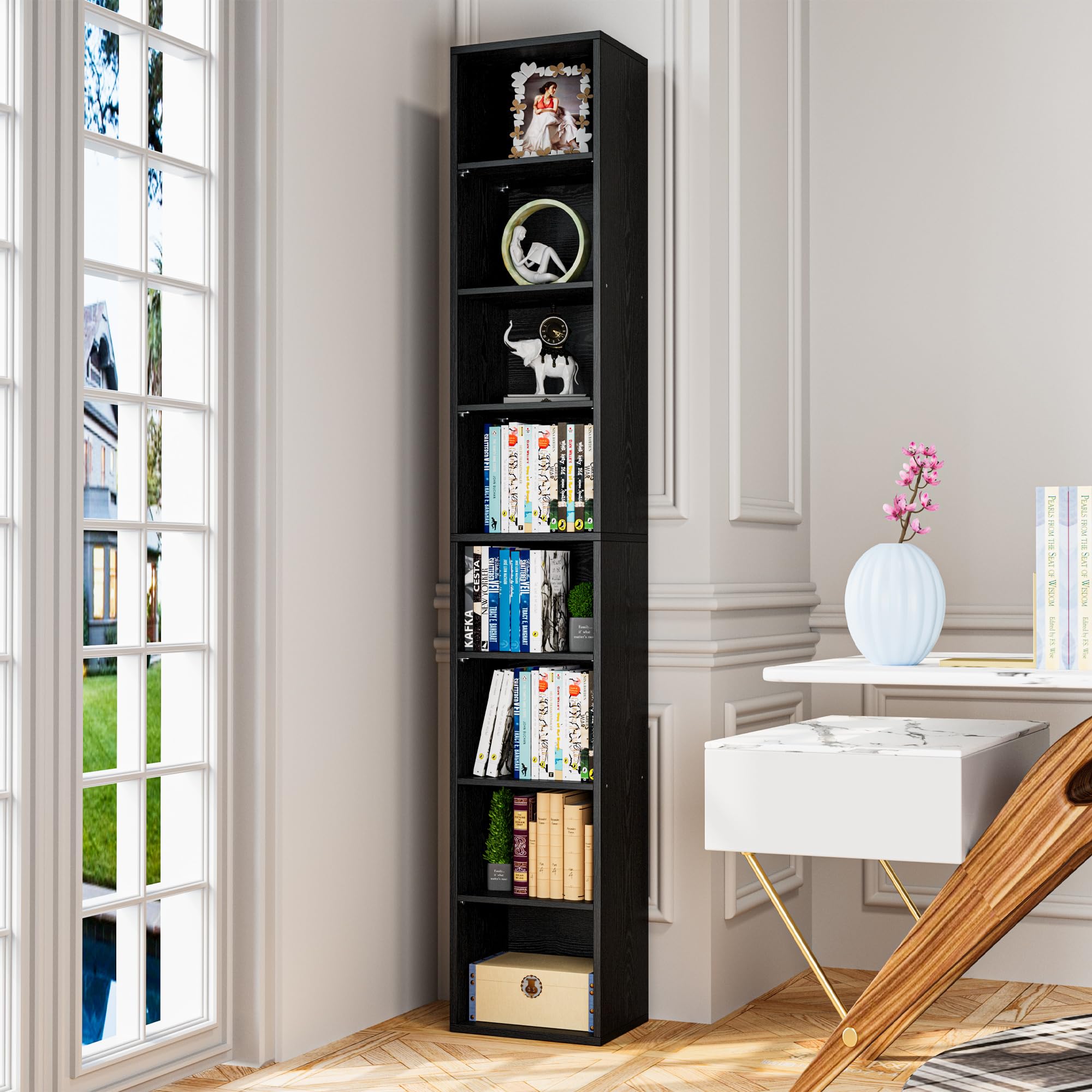 IRONCK Bücherregal Schwarz, Schmales Regal, 8-stöckiges 23.6 x 30 x 180cm | Würfelregal mit 8 Ebenen, Aufbewahrungsregal, Präsentationsregal, offenes Regal, für Wohnzimmer Home Office Schlafzimmer