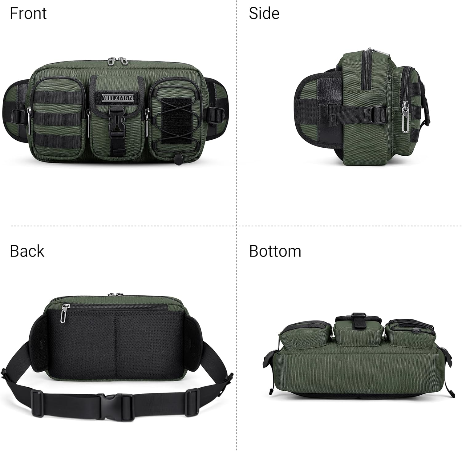 WITZMAN Fanny Pack for Men Fashion Waist Zipper Pack Bags Mens Belt Bag with Multi-pocket for Traveling Daily Walking(B733 Army Green)