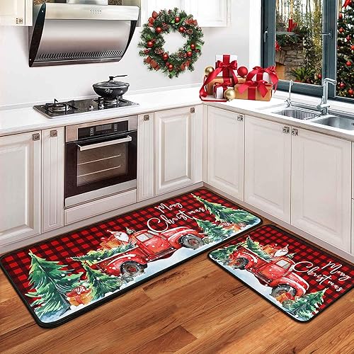 Juego de 2 alfombras y tapetes de cocina de Navidad, decoraciones navideñas para el hogar, tapete de cocina navideño, decoración de Feliz Navidad,