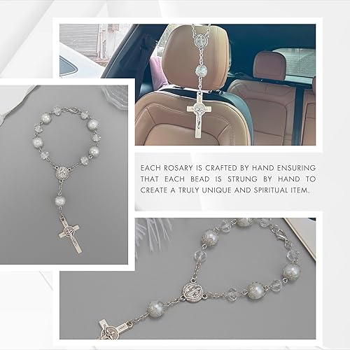 Miniatura 2 de Nazareth Store Medalla de protección contra el mal de San Benito, cuentas de cristal blanco transparente, rosario, espejo retrovisor, Aleación de