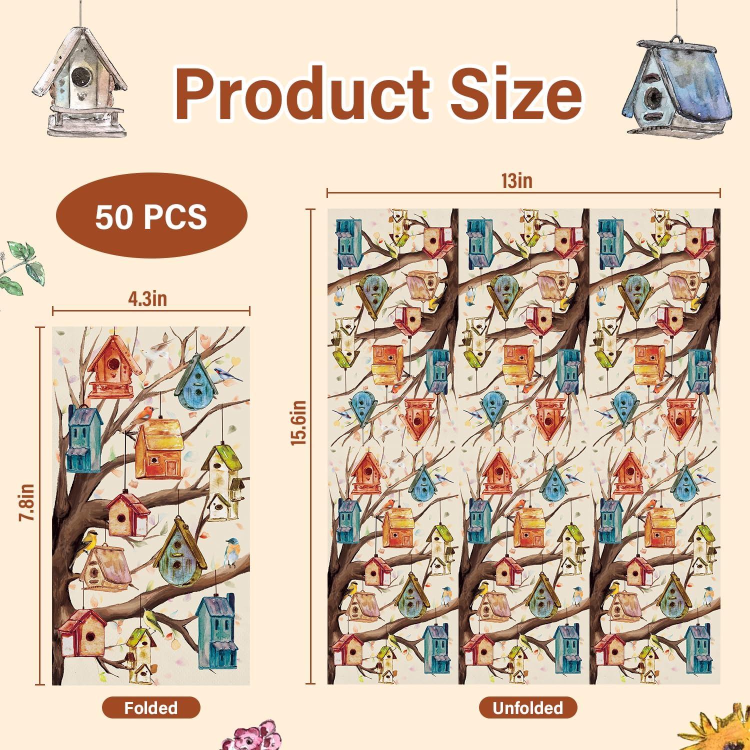 50 Pcs Spring Bird Guest Napkins Farmhouse Paper Napkins Watercolor Floral Tree Decorative Disposable Paper Hand Towels for Bathroom Wedding Party Supplies Home Decor Gift，4.3"*7.8" image 2