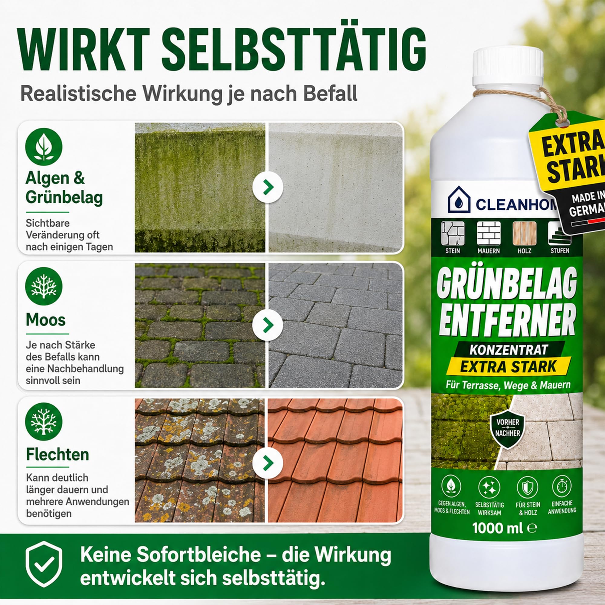 CLEANHOME Grünbelag Entferner Konzentrat 5 Liter – extra starker Grünbelagentferner gegen Algen, Moos & Flechten | selbsttätiger Steinreiniger außen für Terrasse, Wege, Mauern & Holz