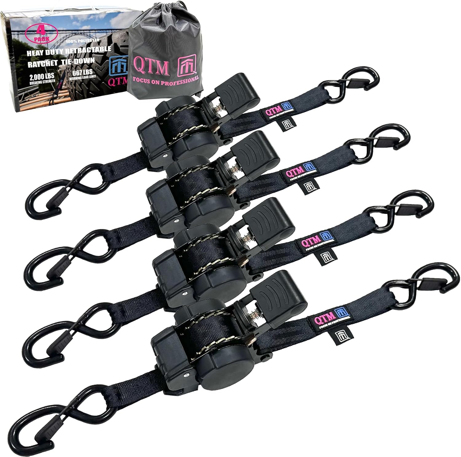 QTM Retractable Ratchet Straps Heavy Duty, Black, 1 Inch X 10 Feet, 2000lbs Breaking Strength, 4-Pack with Storage Bag, Ideal for UTV, ATV- Tie Down Straps, Self Retractable