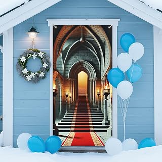 INV Medieval Castle Door Cover 35x71 Inch Double Sided Mysterious Door Decoration with Stone Arches, Red Carpet & Torch Flames for Indoor Outdoor Castle - Themed Event Decor