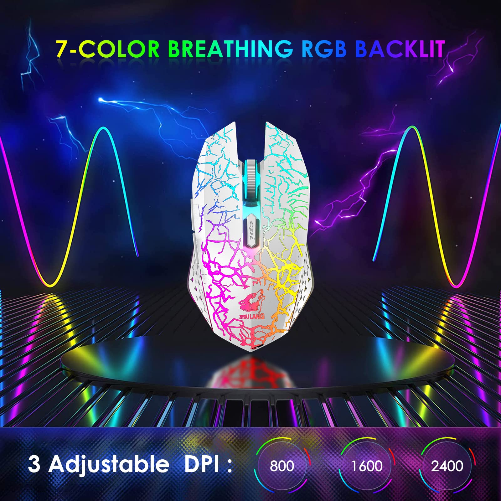 60% Kabellos Gaming Tastatur und Maus Combo Set 2,4 GHz Wiederaufladbare 3800 mAh 61 Tasten Kompakttastatur mit Rainbow LED Hintergrundbeleuchtung + 2400 DPI 6 Tasten Rainbow LED Silent Mouse (Weiß)