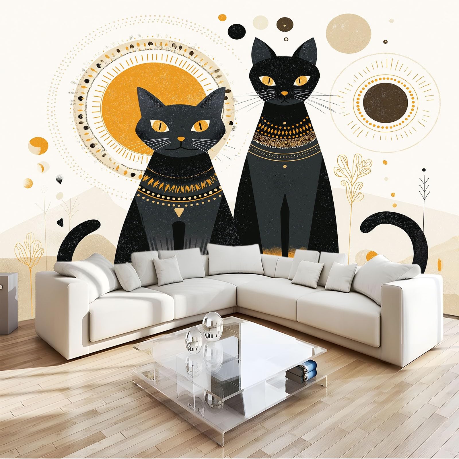 Panoramiczna tapeta z włókniny w stylu boho, tajemniczy geometryczny kot słońce, 200 x 140 cm, gigantyczny plakat ścienny z efektem 3D, dekoracja ścienna do salonu, sypialni, biała