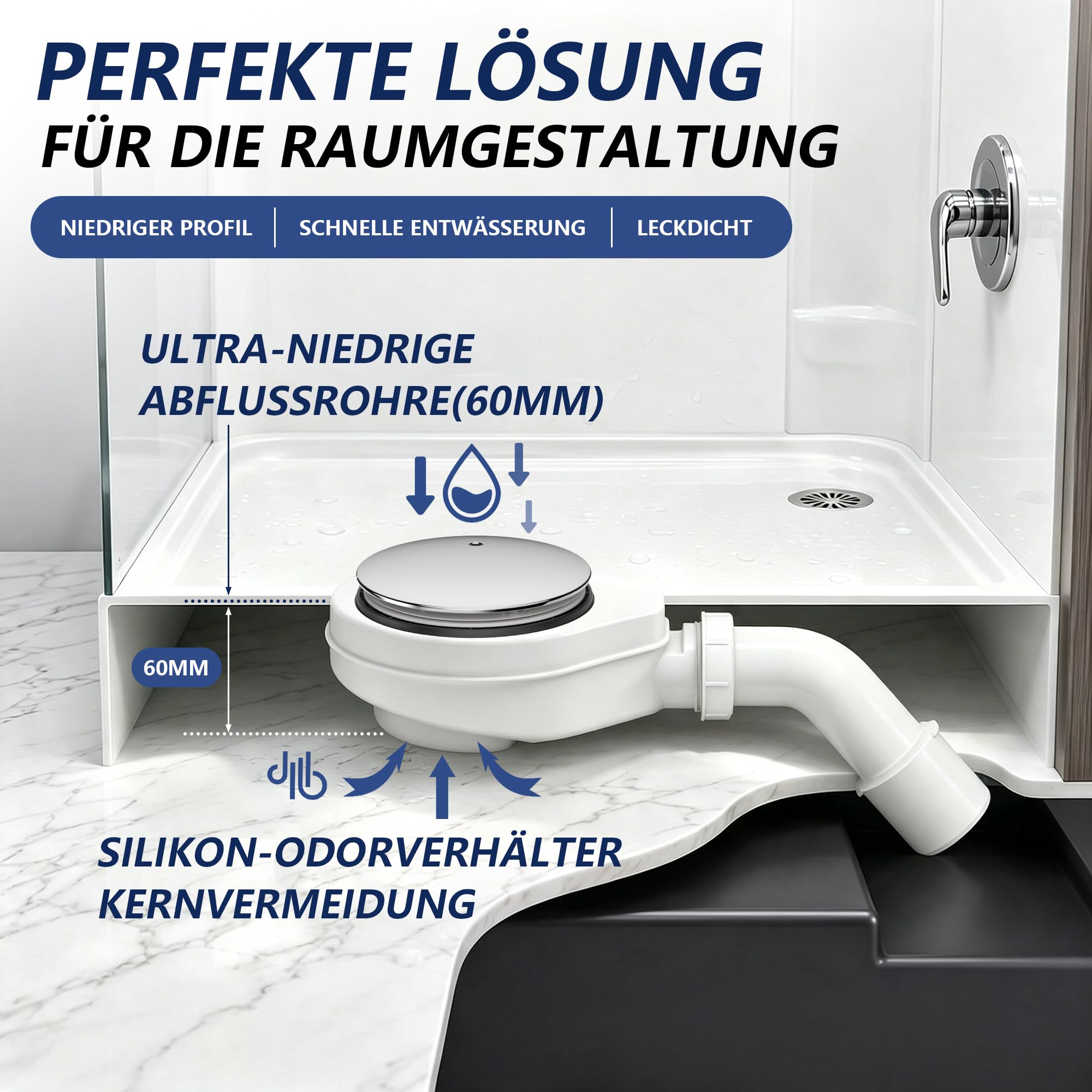 Ablaufgarnitur für Dusche & Badewanne - Duschablauf Flach - Garnitur für Duschablauf & Badewannenablauf mit Geruchsstop - Duschabfluss & Badewannenabfluss mit Chrom Abdeckung 06