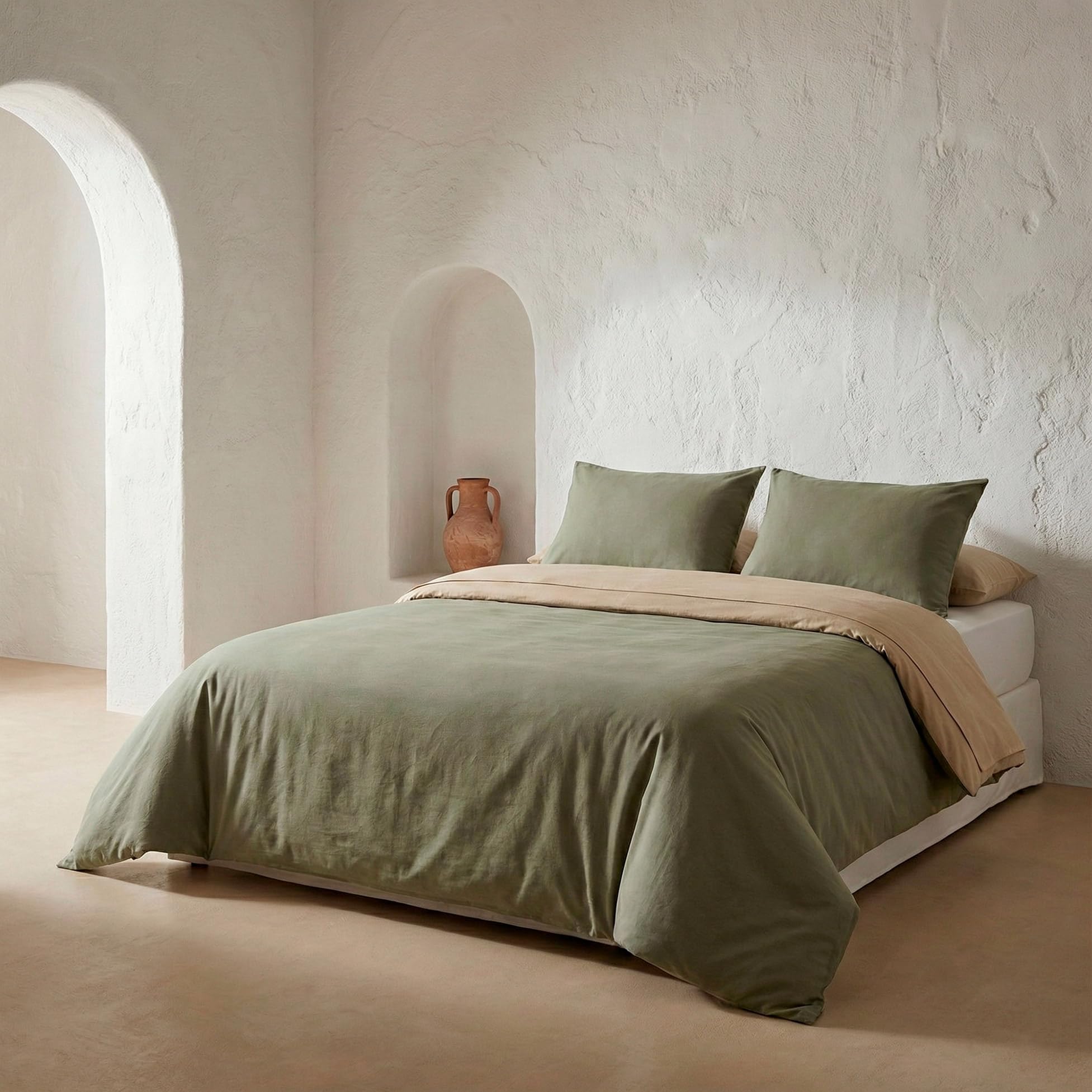 GAMUSI Juego Funda nórdica Cama de 180 - Reversible 100% algodón - con Fundas de Almohada - Piedra/Verde