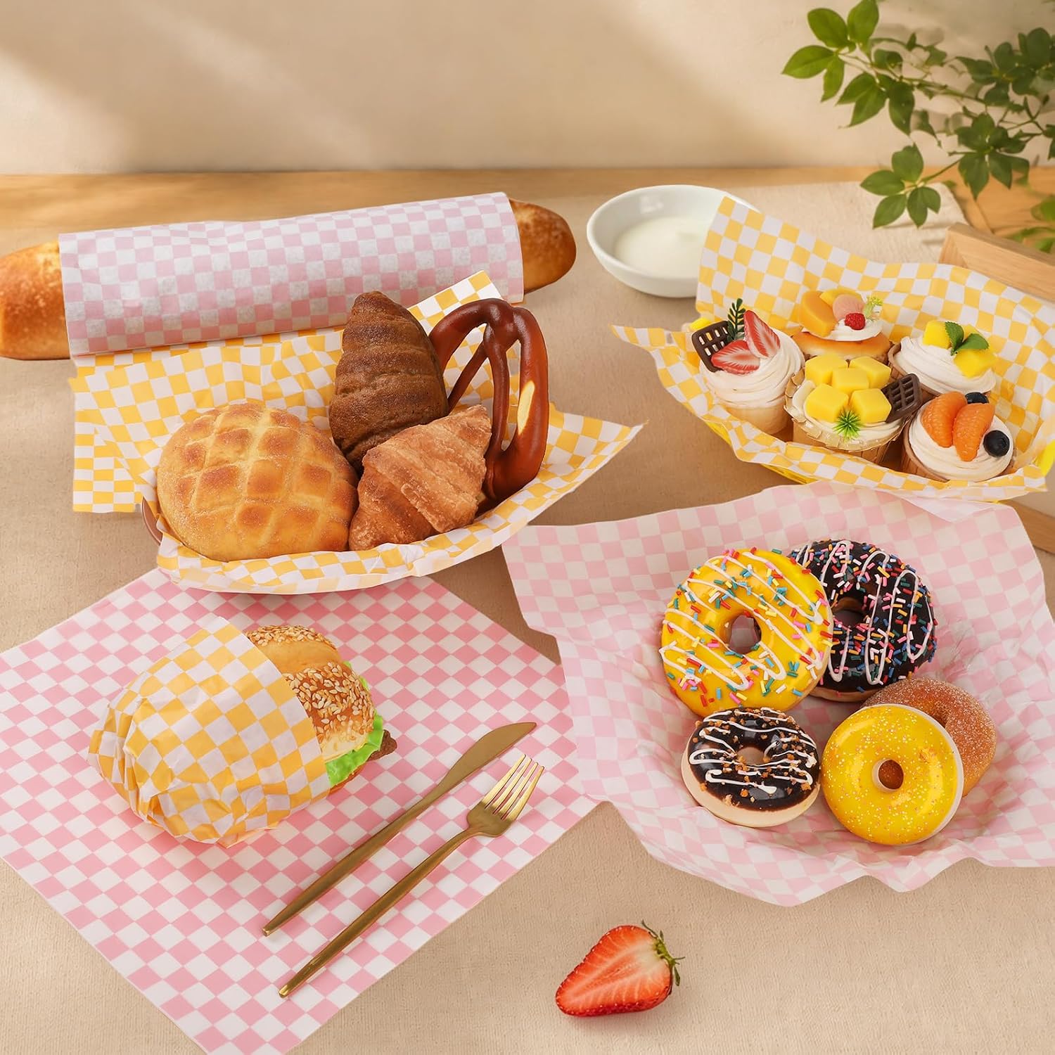 100pcs Deli Paper Sheets 12x12", Checkered Sandwich Paper Wraps, Grease Proof Food Basket Liners, Classic Checkered Sandwich Wrapping Paper for Party, Festival and Outdoors - Pink+Orange