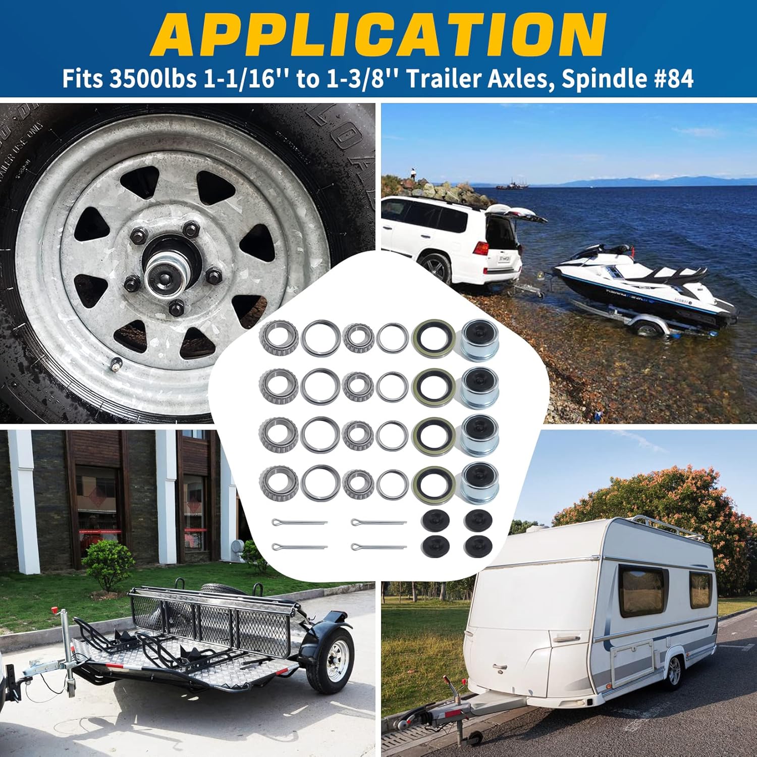 4Sets L68149 L44649 Trailer Axle Hub Bearings Kit with 171255TB Grease Seals, 1.98'' Trailer Dust Caps & Cotter Pins for 3500 lbs 1-3/8'' to 1-1/16'' #84 Spindle